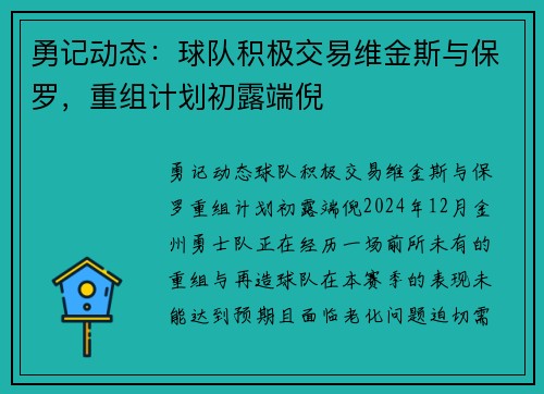 勇记动态：球队积极交易维金斯与保罗，重组计划初露端倪