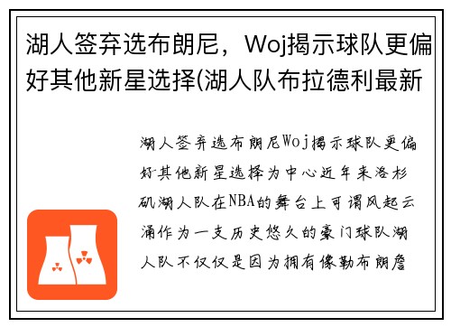 湖人签弃选布朗尼，Woj揭示球队更偏好其他新星选择(湖人队布拉德利最新消息)