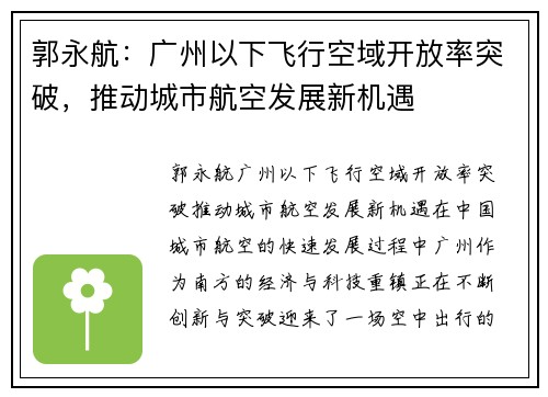 郭永航：广州以下飞行空域开放率突破，推动城市航空发展新机遇