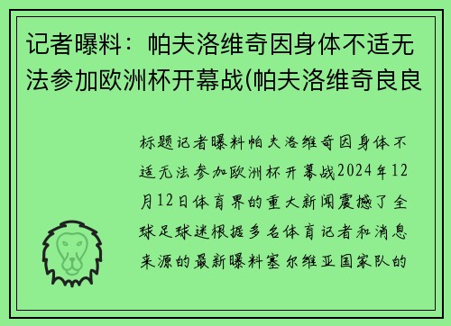 记者曝料：帕夫洛维奇因身体不适无法参加欧洲杯开幕战(帕夫洛维奇良良)