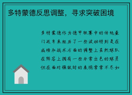 多特蒙德反思调整，寻求突破困境