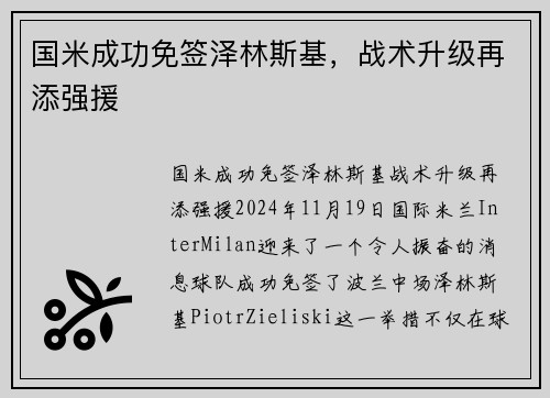 国米成功免签泽林斯基，战术升级再添强援